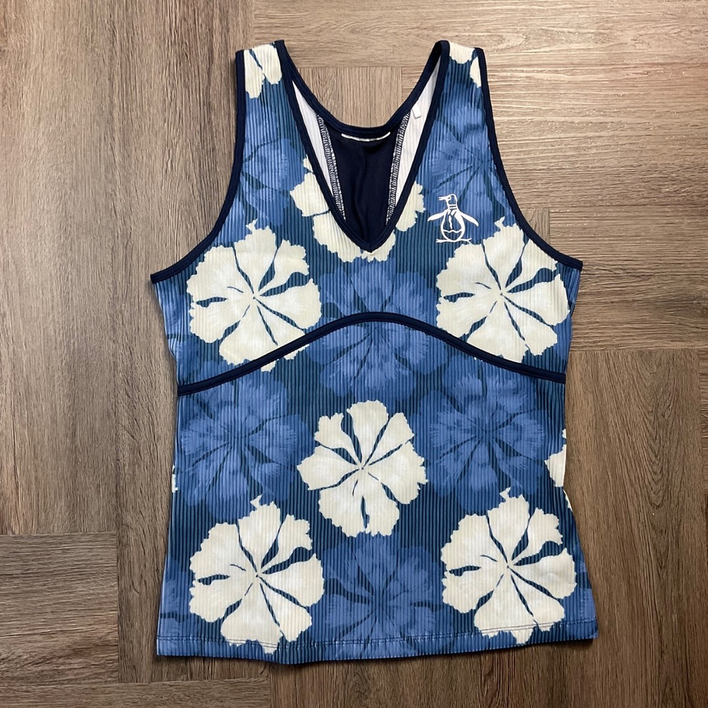 Original Penguin Fuji Floral Ribbed Tennis Golf Tank Top Womens Blue White Small